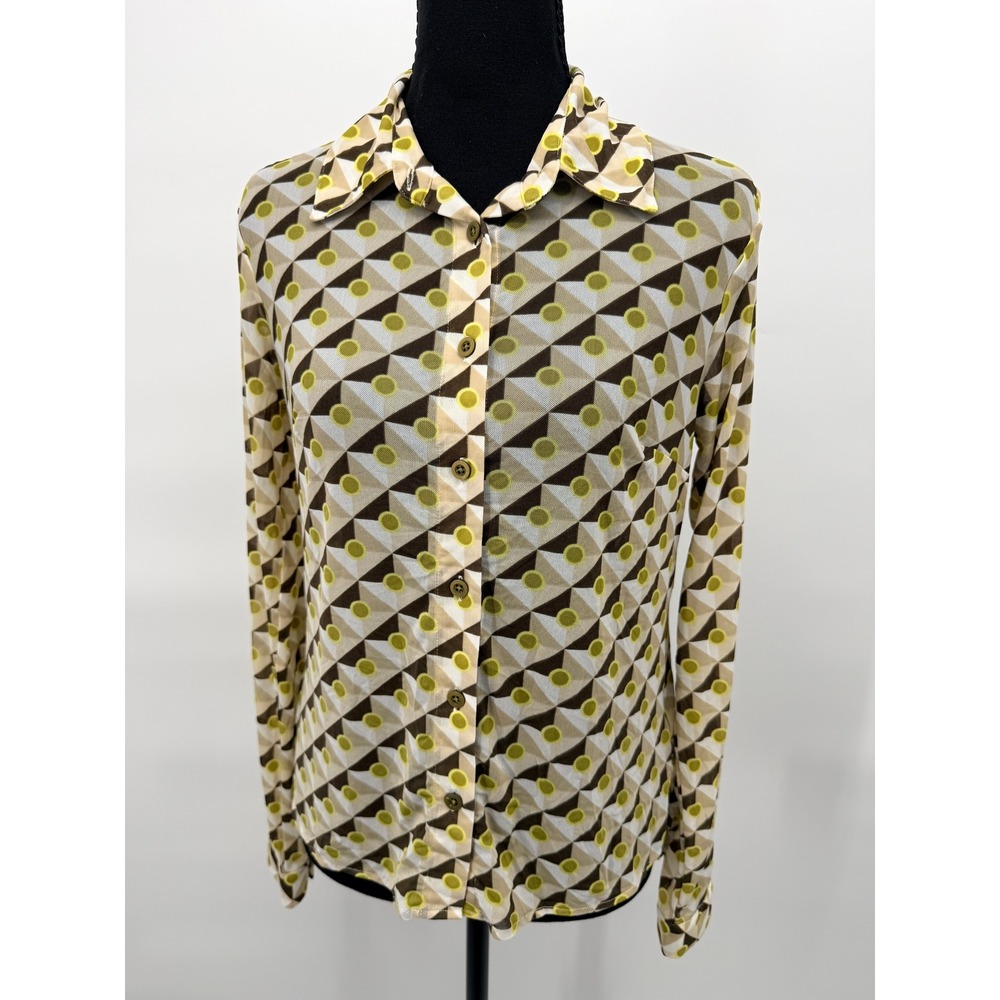 Cabi Button Down Top Women XS Brown Geometric Mesh Excellent Long Sleeve 4336